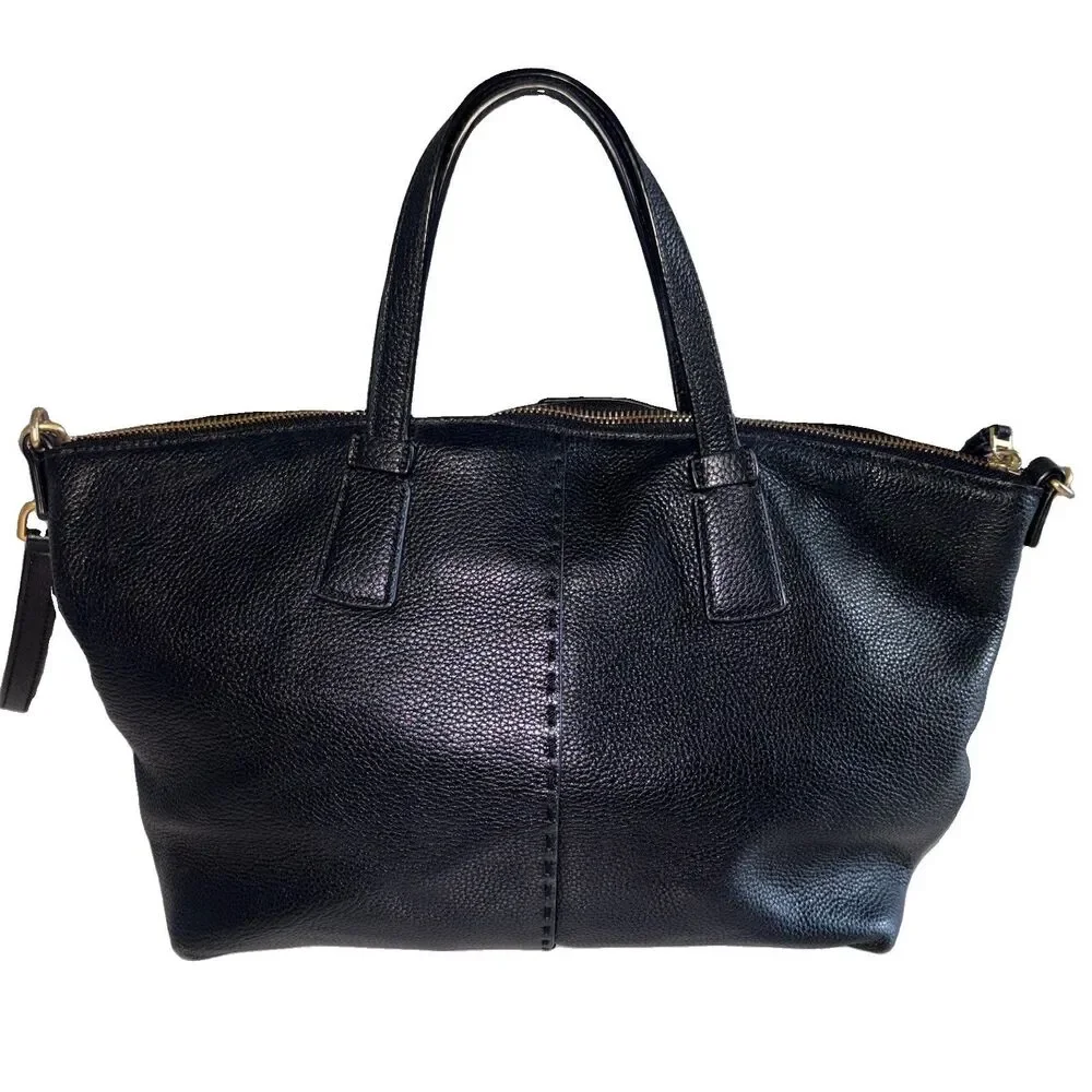 Tory Burch Black Pebbled Leather McGraw Top-Zip Satchel Crossbody Bag